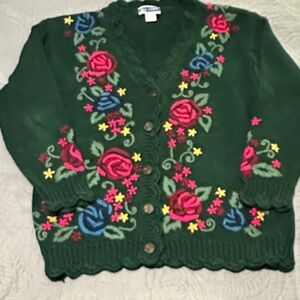 Pendleton Green Cardigan with Floral Embroidery